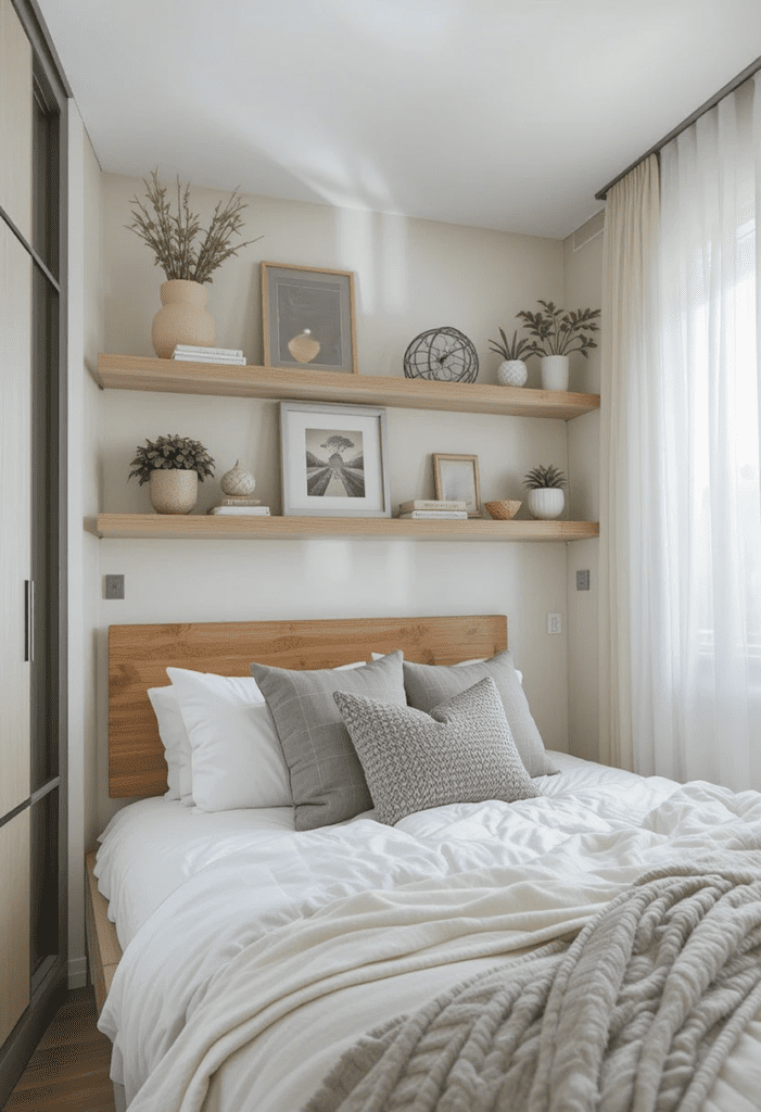 A small bedroom with floating shelves above the bed, providing storage and decoration without taking up floor space.