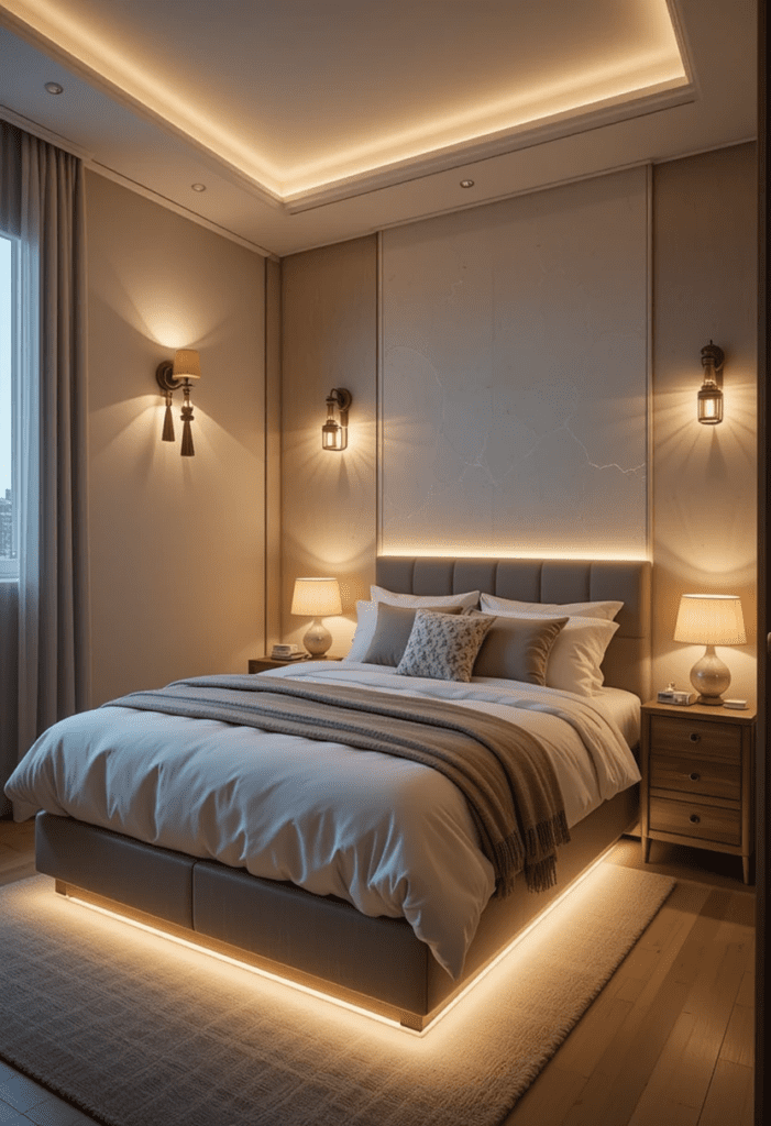 A small bedroom with layered lighting, featuring wall sconces and LED lights to enhance ambiance without taking up space.