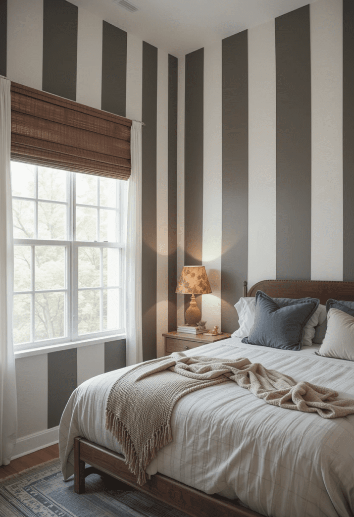 A small bedroom with vertical striped walls, making the room feel taller and more open.