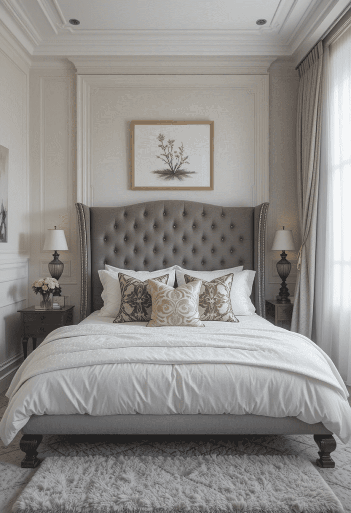 A small bedroom with a statement bed as the focal point, featuring a stylish headboard and elegant bedding.