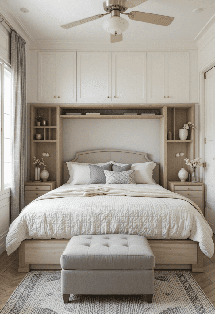 A small bedroom with hidden storage under the bed and inside an ottoman, keeping the space organized and clutter-free.