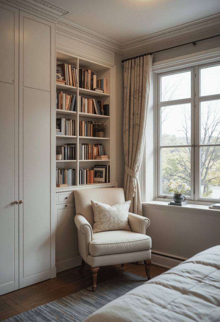 A small bedroom with a cozy reading nook featuring a comfortable chair, bookshelf, and warm lighting.