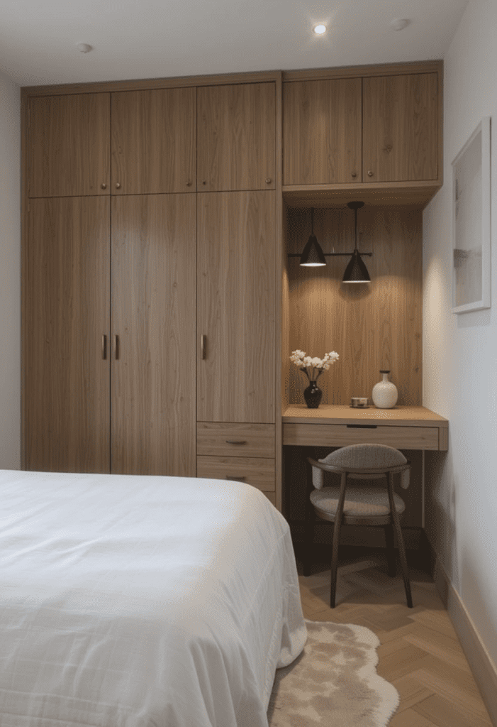 A small bedroom with custom-built furniture, including a wardrobe and desk, designed to fit the space perfectly.