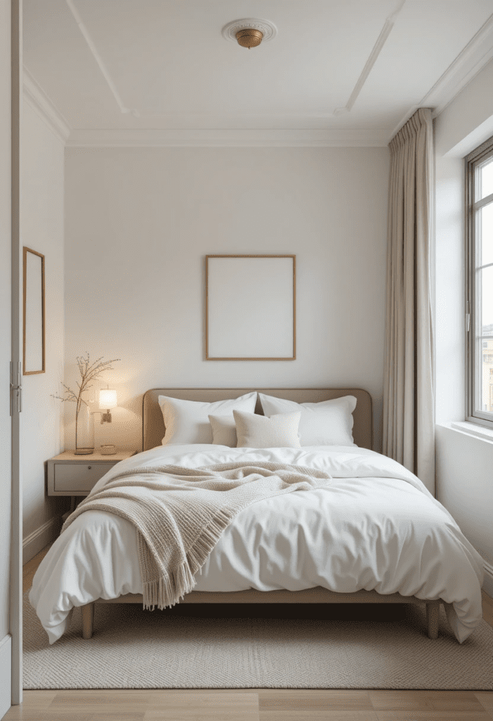 A minimalist small bedroom with a neutral color scheme, clean lines, and simple decor for a fresh and airy feel.