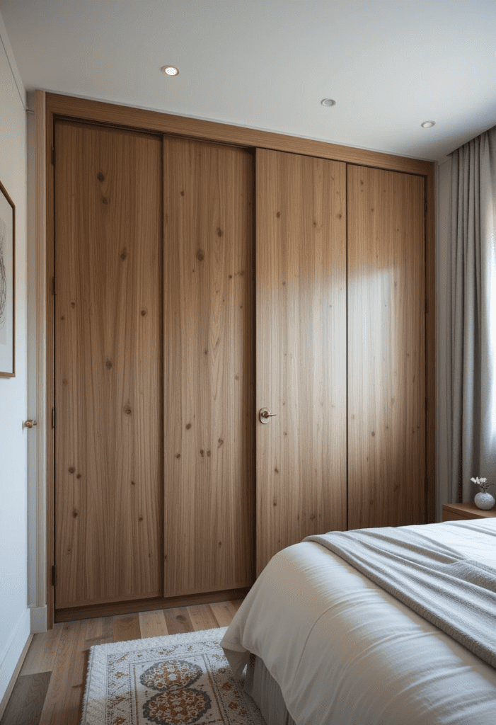 A small bedroom with space-saving sliding closet doors, providing easy access while maximizing room layout.