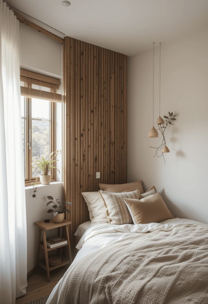 A small bedroom with natural elements, including wood accents and plants, bringing warmth and tranquility to the space.