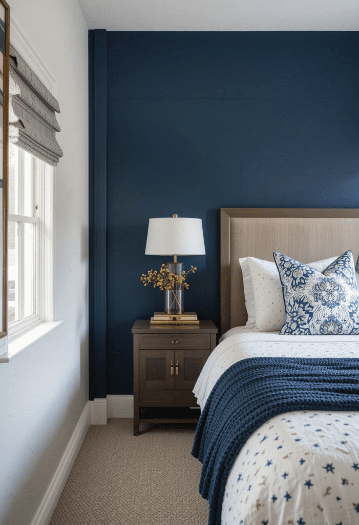 A small bedroom with a bold navy blue accent wall, adding depth and character to the space.