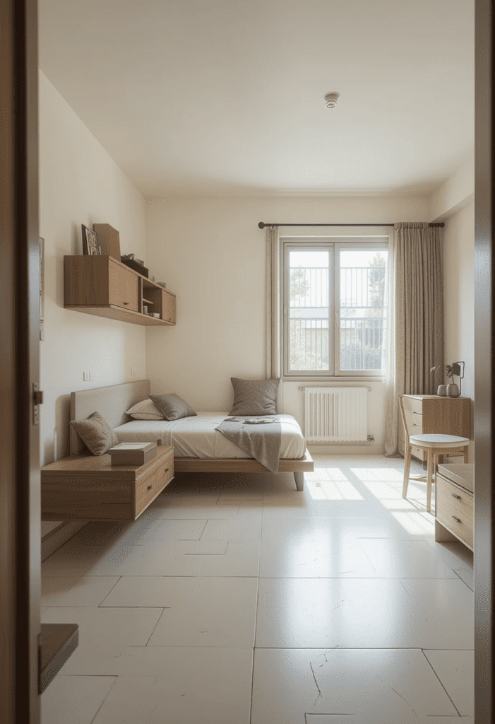 An small bedroom with floating furniture and a clutter-free floor, creating a more open and spacious environment.