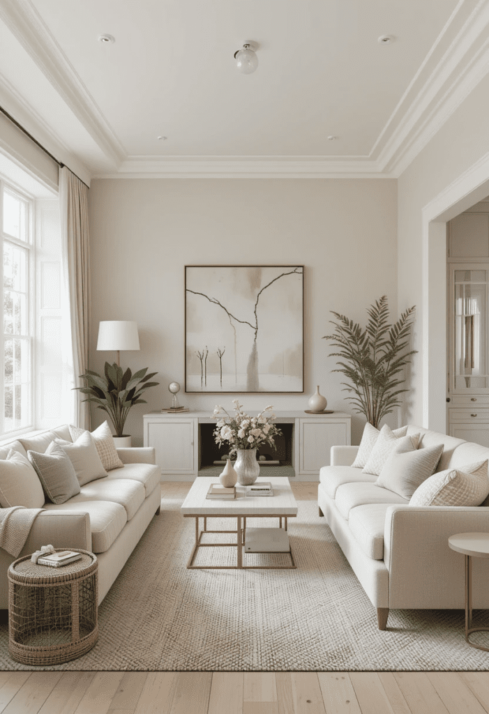 Light and neutral small living room with beige and white tones for an open and airy feel.