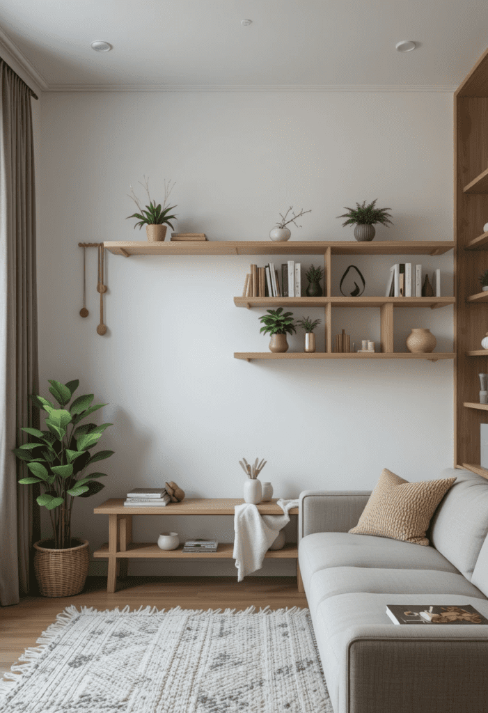 Small living room with floating shelves and vertical storage to maximize space.