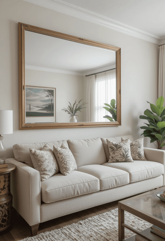 Small living room with a large mirror above the sofa to enhance openness and brightness.