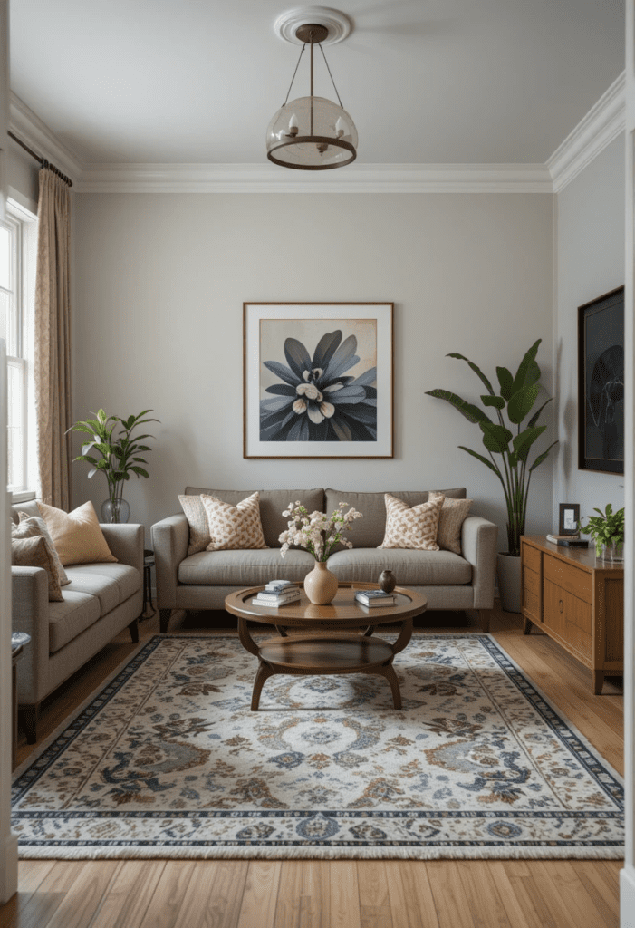 Small living room with an area rug creating a defined seating zone.