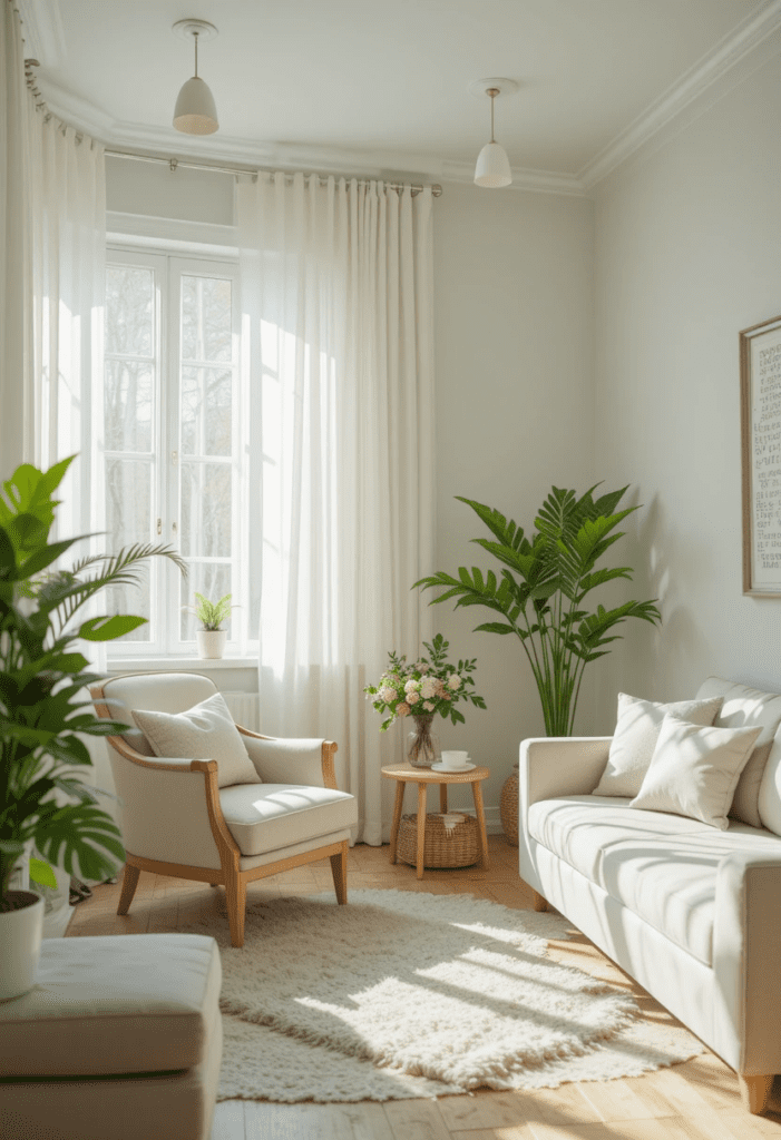 Small living room with sheer curtains maximizing natural light for an airy feel.