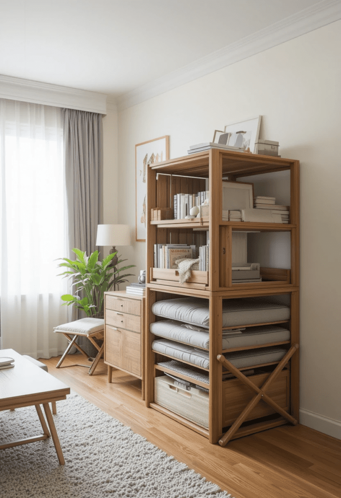 Foldable and stackable furniture in a small living room for flexible space-saving options.