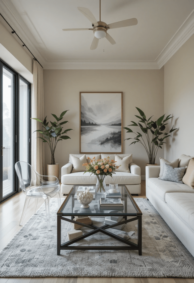 Small living room with transparent furniture to create a spacious feel.