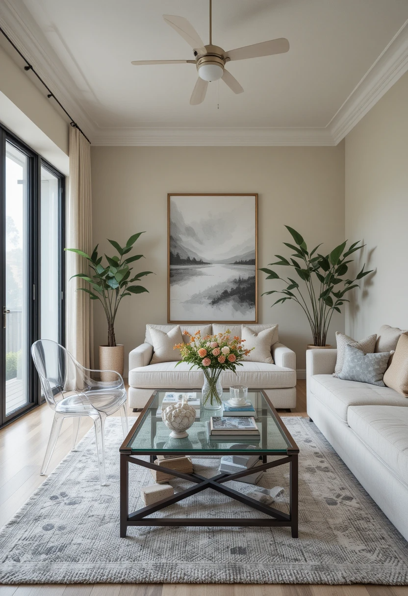 Small living room with transparent furniture to create a spacious feel.