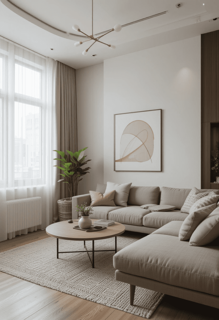 A modern minimalist small living room with neutral colors, clean lines, and only essential decor.