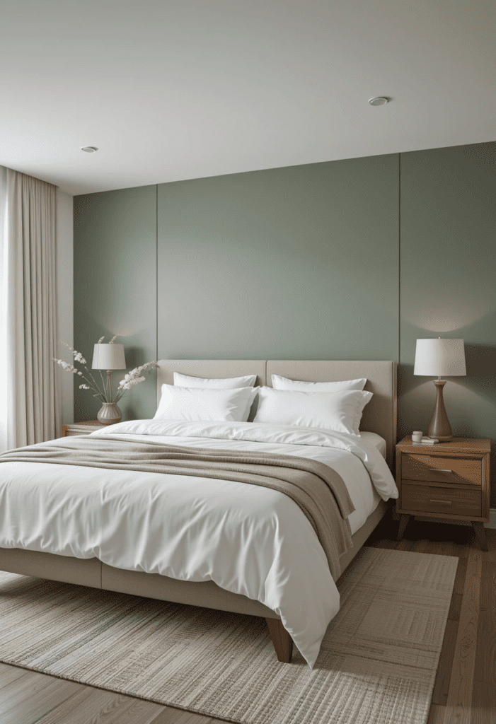 Bedroom with a soft sage green accent wall, white bedding, and natural wood furniture creating a calming atmosphere.