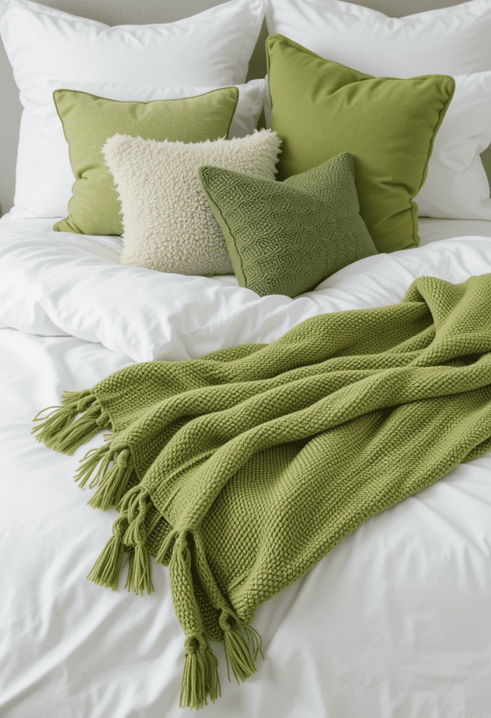 Bed with white bedding accented by green pillows and a green throw blanket with mixed textures.