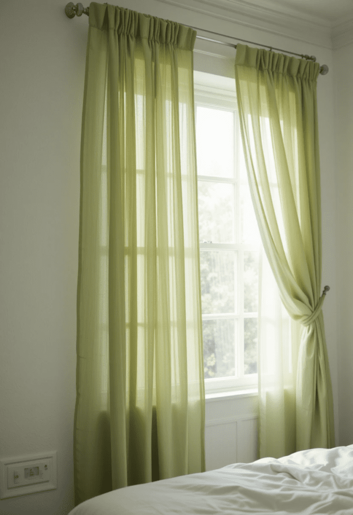 Sheer light green curtains at a window in a bright, airy bedroom.