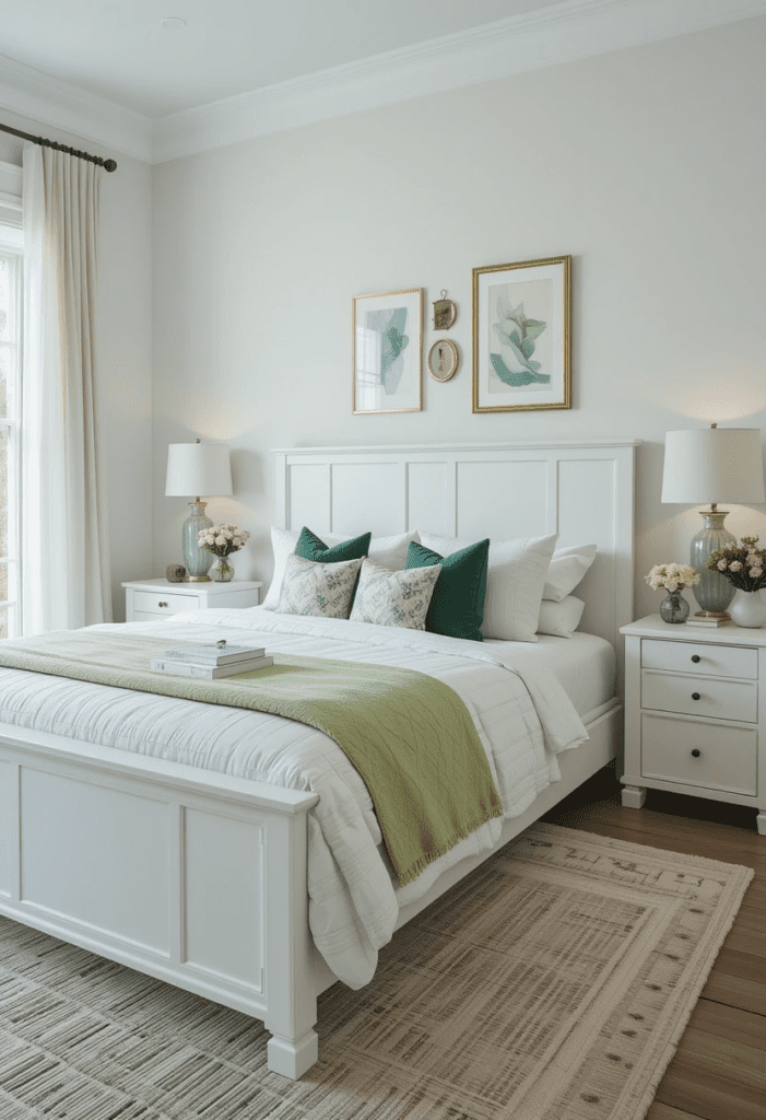 Modern bedroom with white furniture accented by subtle green decor.