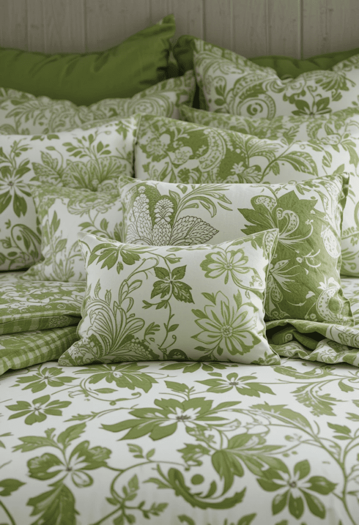 Bed showcasing green and white patterned bedding with decorative pillows.