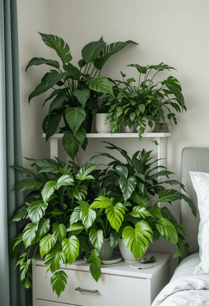 Lush green plants arranged on a white shelf in a bedroom, adding a natural touch.