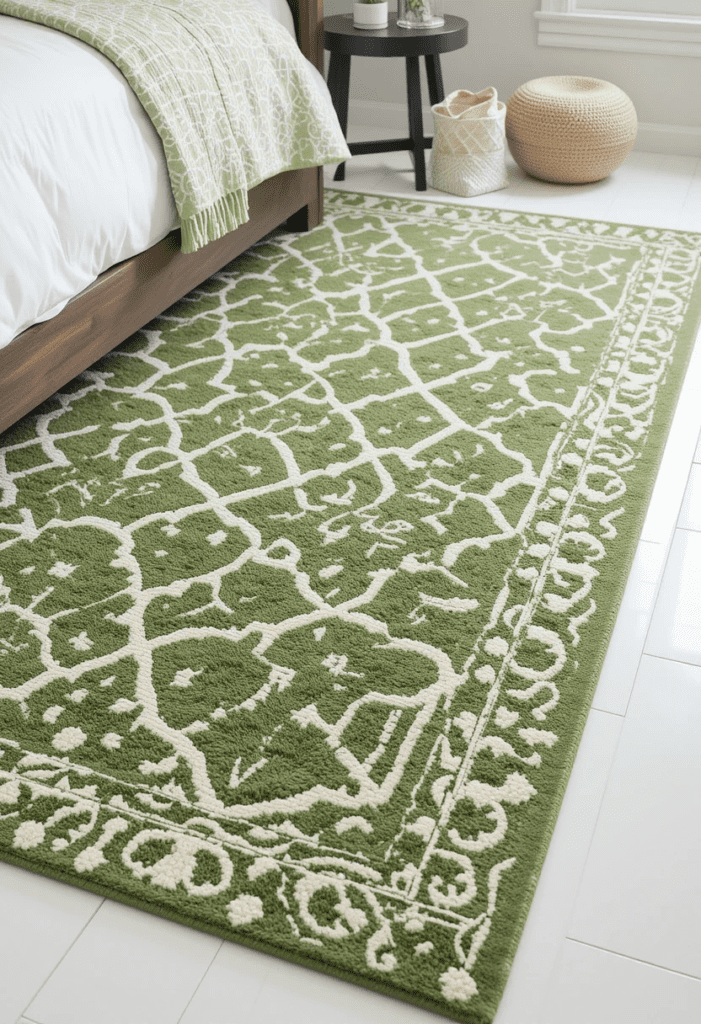 Green and white patterned area rug on the bedroom floor, defining the space.