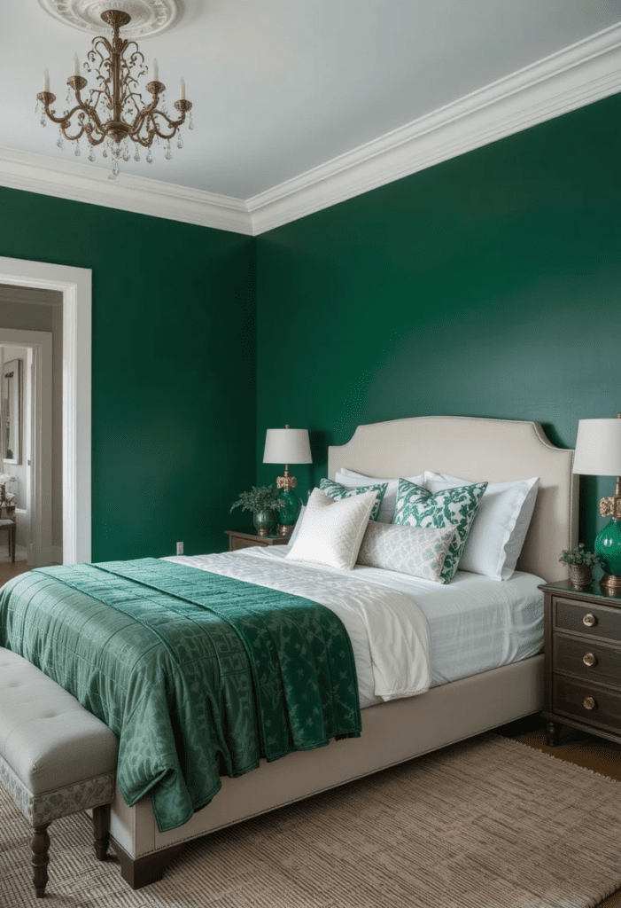 Bedroom featuring deep green walls with white trim for a bold, balanced look.