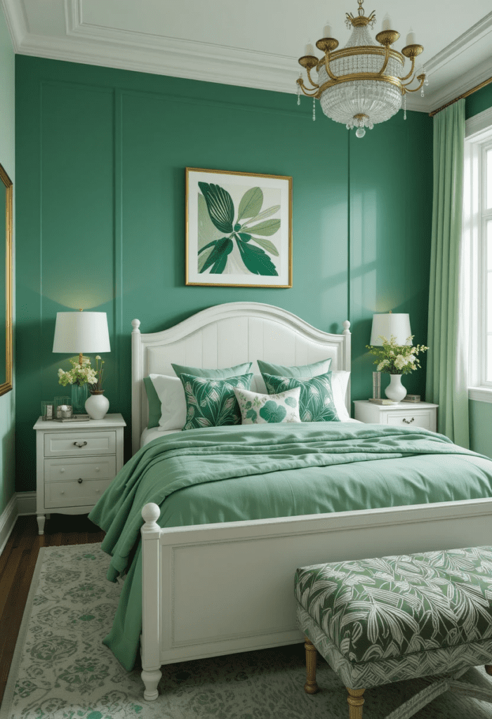 Bedroom with layered shades of green balanced by white furnishings.