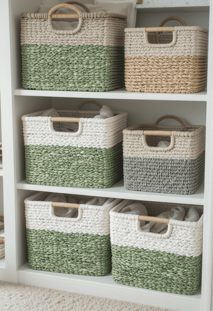 Green and white woven storage baskets neatly arranged in a bedroom.