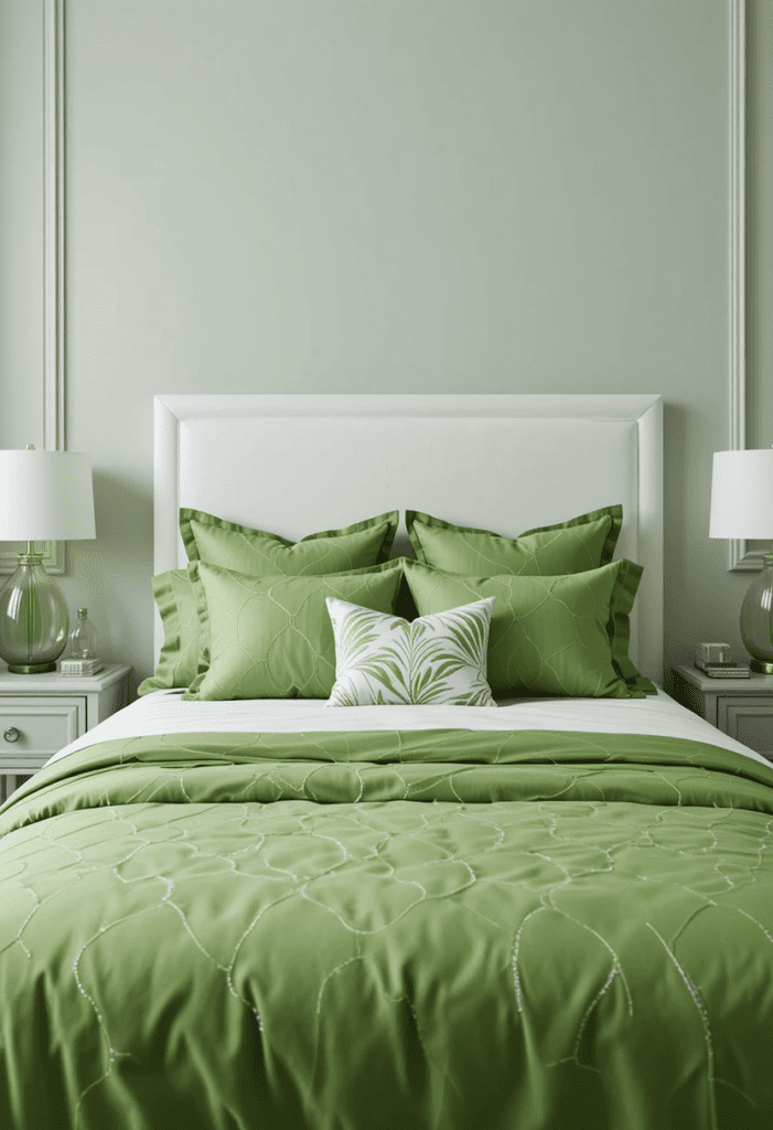 Bedroom with a white headboard and eye-catching green bedding as the focal point