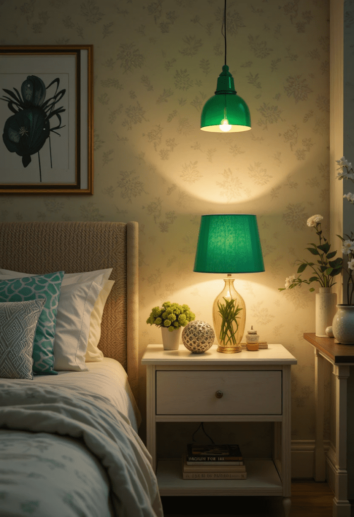 Green lampshades providing warm, ambient lighting in a cozy bedroom.