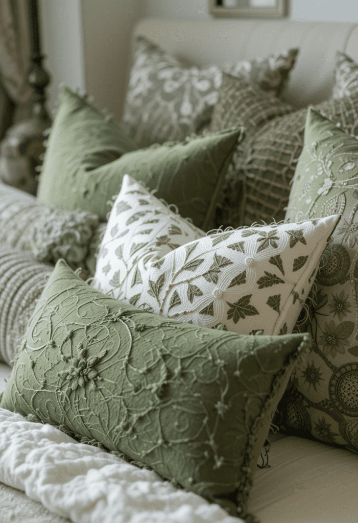 Assorted green and white decorative pillows arranged on a bed.