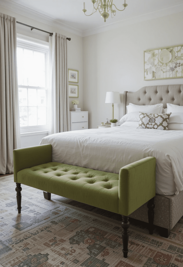 Green upholstered bench at the foot of a bed, adding functional style to the bedroom.