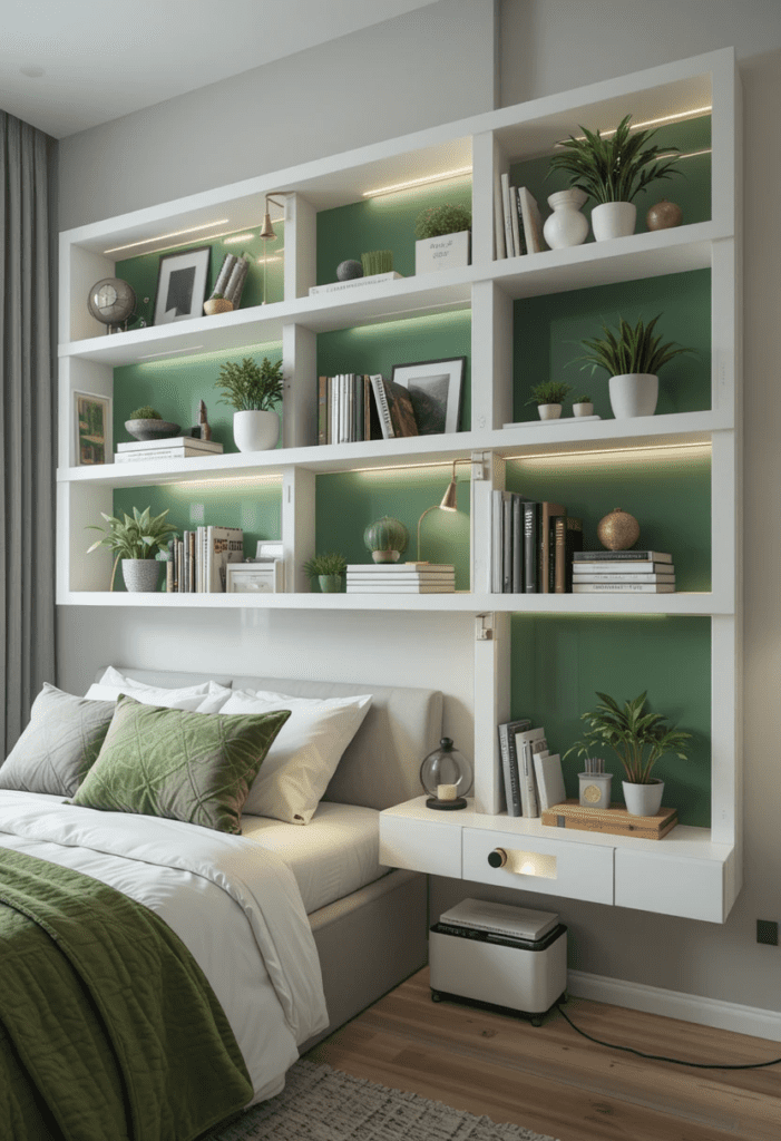 White floating shelves with green accents displaying books and decor in a bedroom.