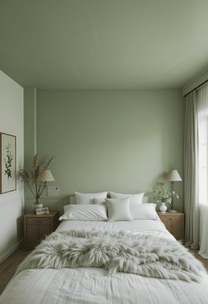 Bedroom with a soft green ceiling and white walls for an unexpected, cozy touch.