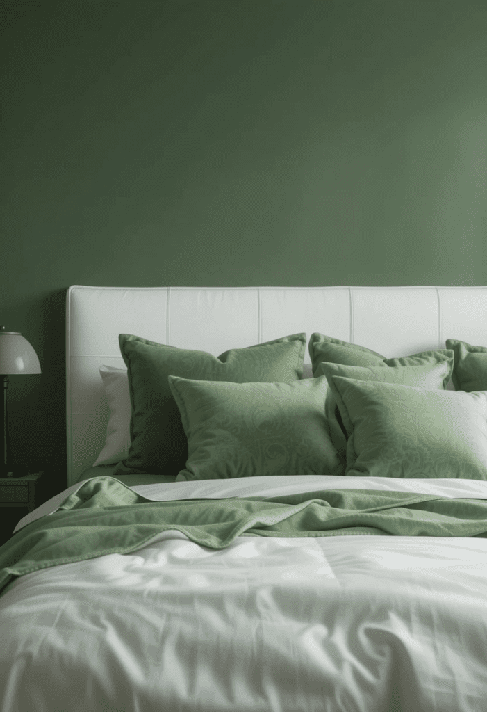 Minimalist bedroom with a white headboard contrasted by green bedding.