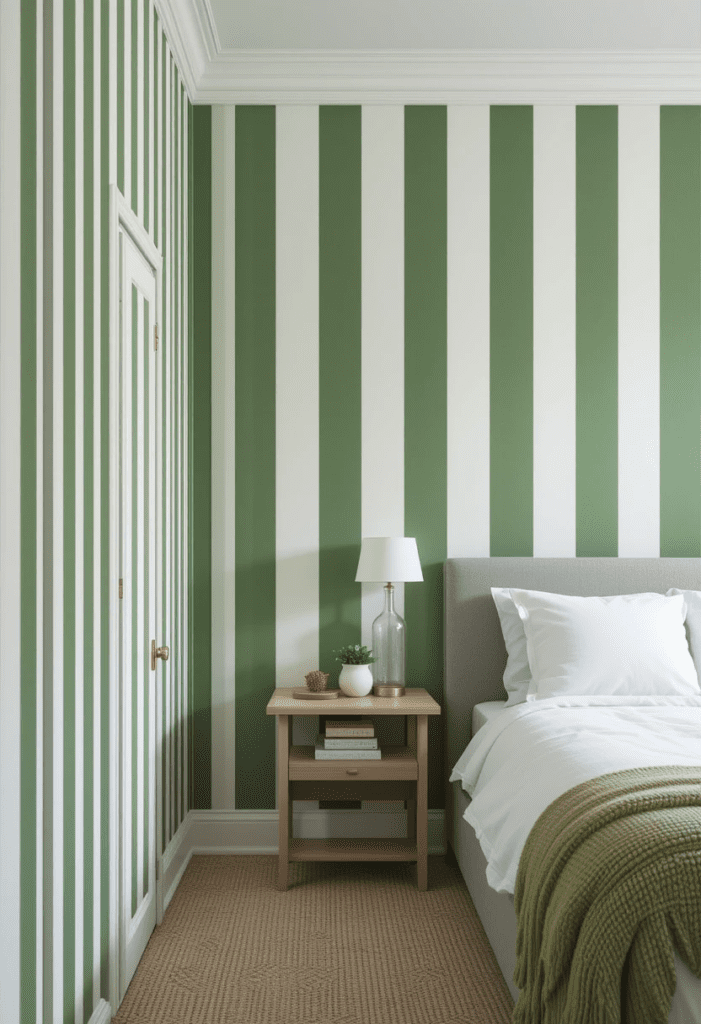 Bedroom accent wall with green and white striped wallpaper creating a stylish focal point.