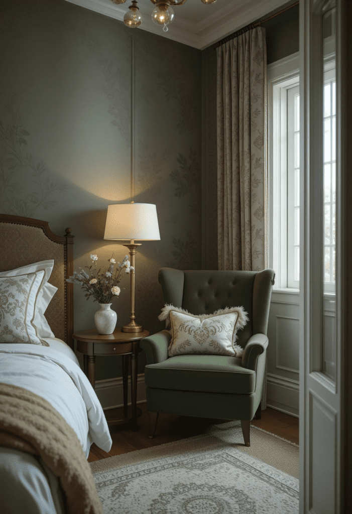 Green upholstered accent chair in a cozy bedroom reading nook.