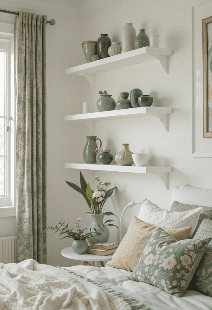 White floating shelves decorated with green accent pieces in a bright bedroom.