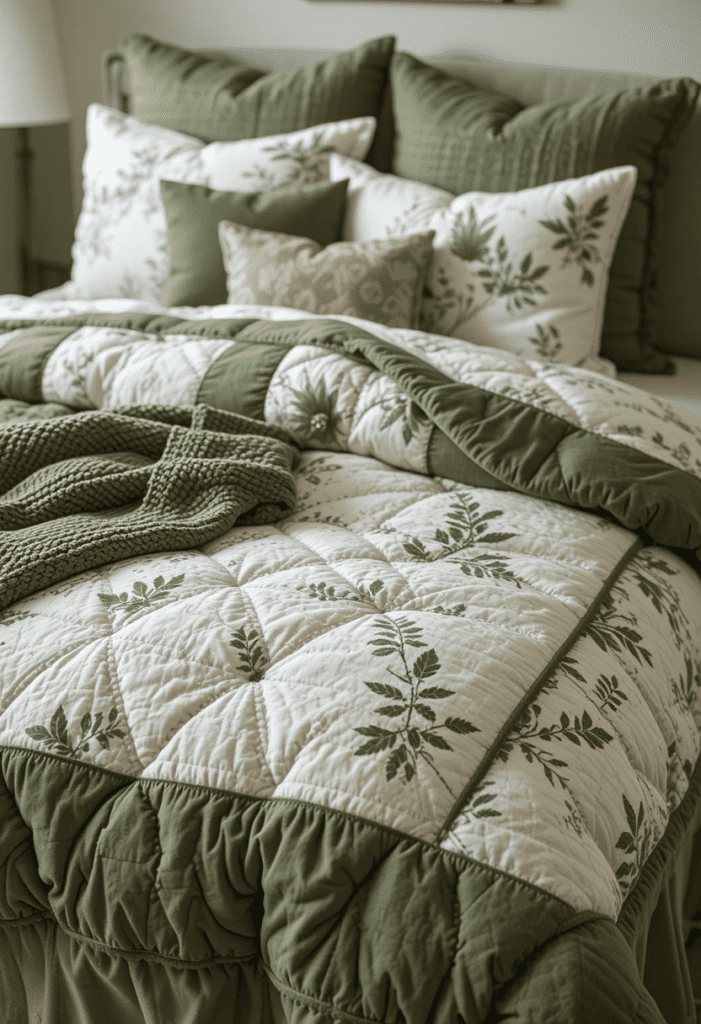 Bed with a green and white quilted comforter that adds cozy texture and warmth.