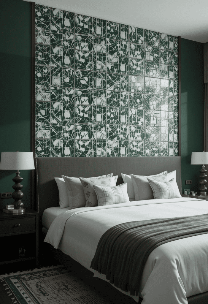 Bedroom statement wall with a green and white patterned tile design.