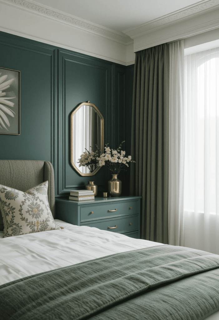 Bedroom with gold accents mixed with green and white decor, adding a touch of luxury.