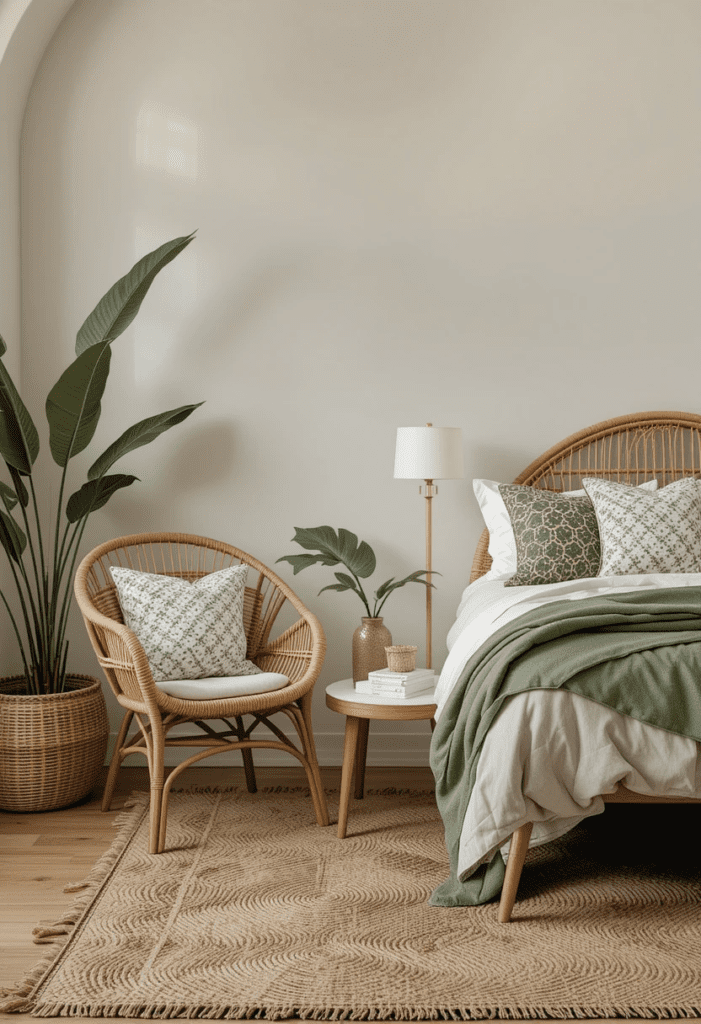 Bedroom decorated with green and white woven textures, including rattan and jute elements.