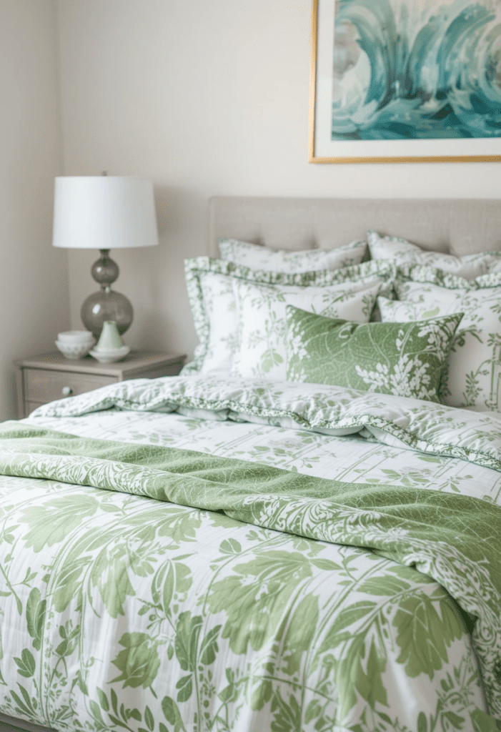 Bed adorned with a green and white duvet cover that refreshes the room's look.