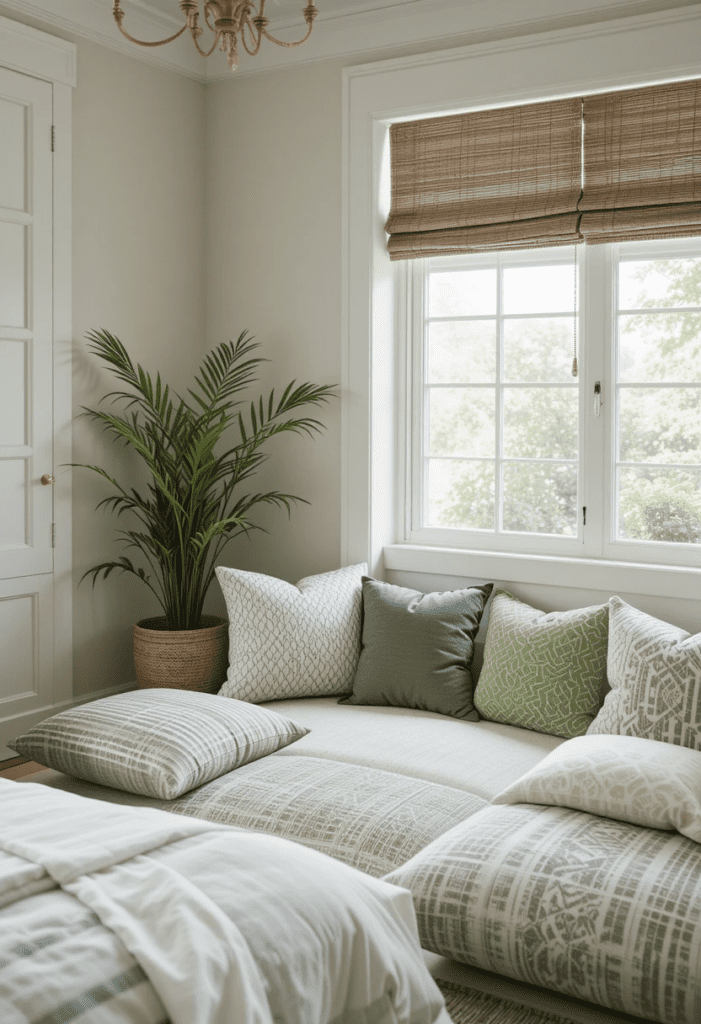 Green and white floor cushions arranged in a cozy corner of a bedroom.