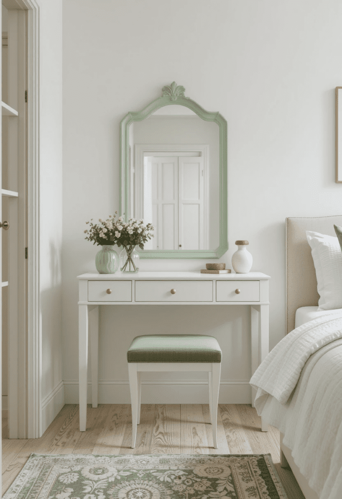 White vanity with green accent details set in a bright, elegant bedroom.