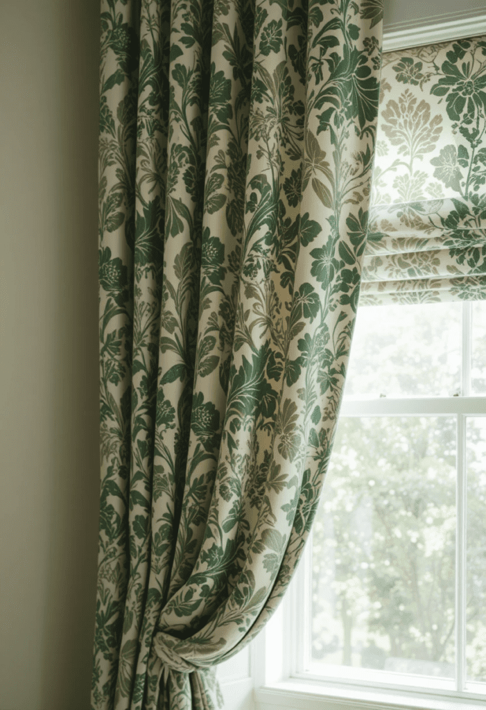 Green and white patterned curtains on a bedroom window, adding elegance and character.