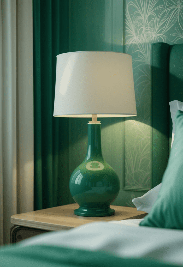 Green bedside lamp on a table, providing soft ambient lighting in a green and white bedroom.